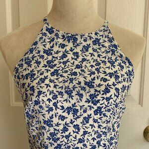 THE GOOD DRESS, white blue floral Rosalie halter sundress, S